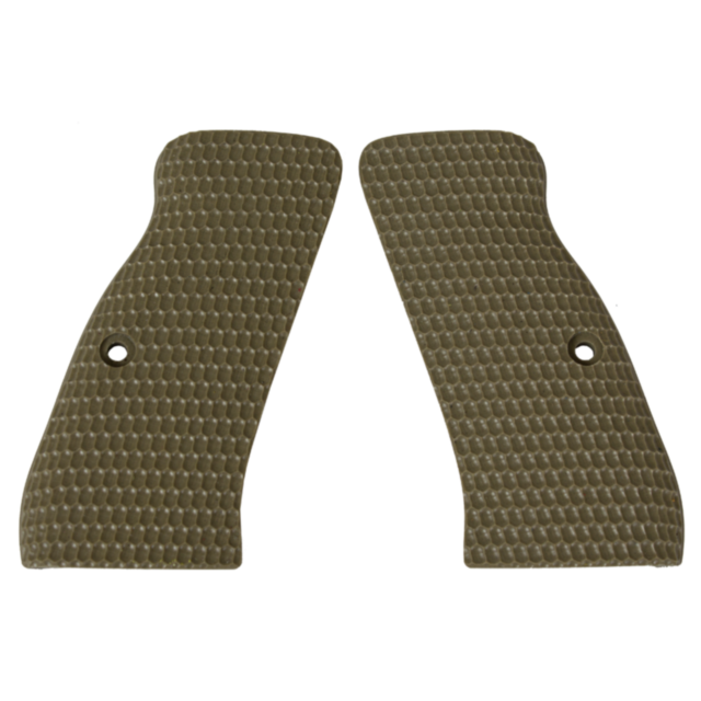 The CZ-USA 97 Grips Ovals Solid Tan are precisely crafted for CZ-USA equipment, featuring a honeycomb pattern and attachment holes. These textured grip panels are designed to be placed on either side of a handle to offer enhanced stability.