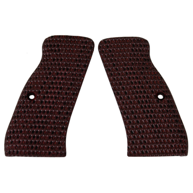 Two dark red and black 97 grips, textured with an oval grid pattern reminiscent of CZ-USA craftsmanship, are placed side by side against a plain background. Each grip features a central hole for attaching to a firearm.