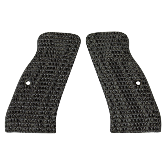 A pair of CZ-USA 97 Grips Ovals Grey/Black grips, featuring textured grip panels with a grid-like pattern of small oval indentations, are displayed side by side on a white background. Each indentation includes a hole for secure attachment.