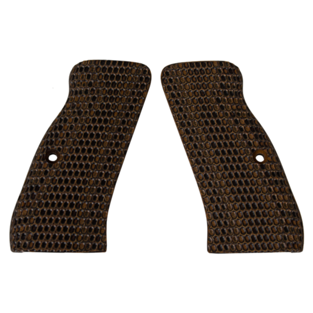The product, CZ-USA 97 GRIPS OVALS ORANGE/BLACK, consists of two brown-textured grips placed next to each other, each with a row of holes for easy attachment. Their surface has a checkered pattern that enhances their rugged appearance, featuring subtle hi