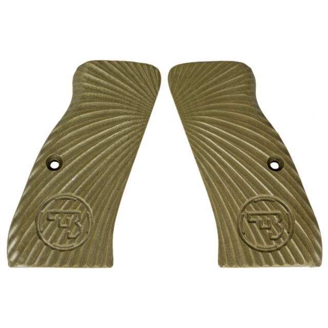 These CZ-USA 97 GRIPS BURST SOLID TAN feature a distinctive outward swirling pattern with a single hole near the center, adorned with circular logo designs in the bottom corners. Designed in a solid tan color, these grips provide both style and functional