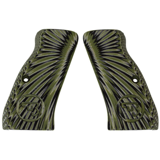 Two intricately designed CZ-USA 97 GRIPS BURST GREEN/BLACK showcase a geometric starburst pattern in green and black. Each grip panel features a circular logo with interlocking letters in the bottom corner, highlighting the craftsmanship of CZ-USA.