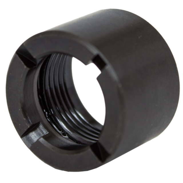 A close-up of the EVO PISTOL THREAD PROTECTOR reveals its black cylindrical metal design featuring internal grooves similar to a threaded cap or thread protector. The exterior boasts a smooth finish that contrasts with the precision-crafted notches along