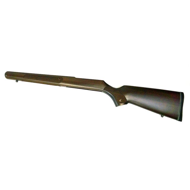 The CZ 457 STOCK AMERICAN LAQ, a dark brown wooden American stock for the CZ 457 rifle, is displayed isolated on a white background without the barrel or firing mechanism attached.