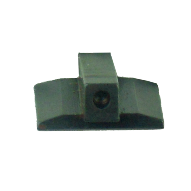 A close-up view of the CZUB FRONT SIGHT RAMI #1, crafted from dark metal and designed as a firearm sight component. This piece features a central hole and angular edges, set against a white background.