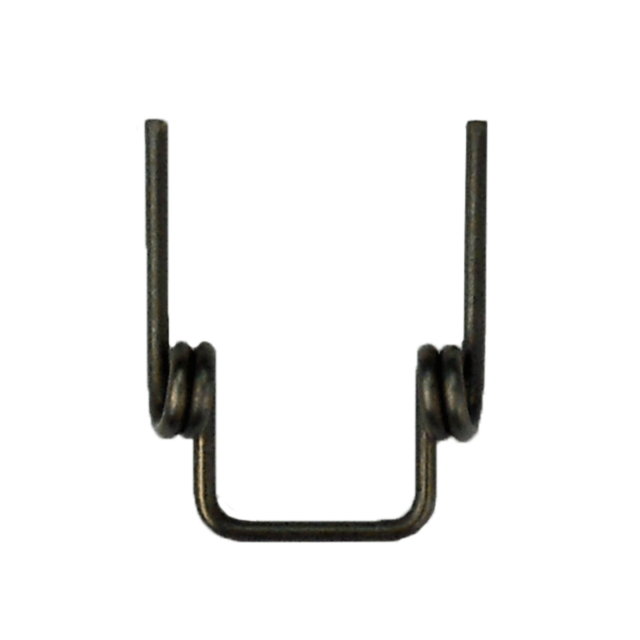 The 550 BATTUE STYLE MAG CATCH SPRING is a metal clip featuring a U-shaped design and coiled ends on either side, resembling a mag catch. This elegant accessory in dark metal is showcased against a plain white background.