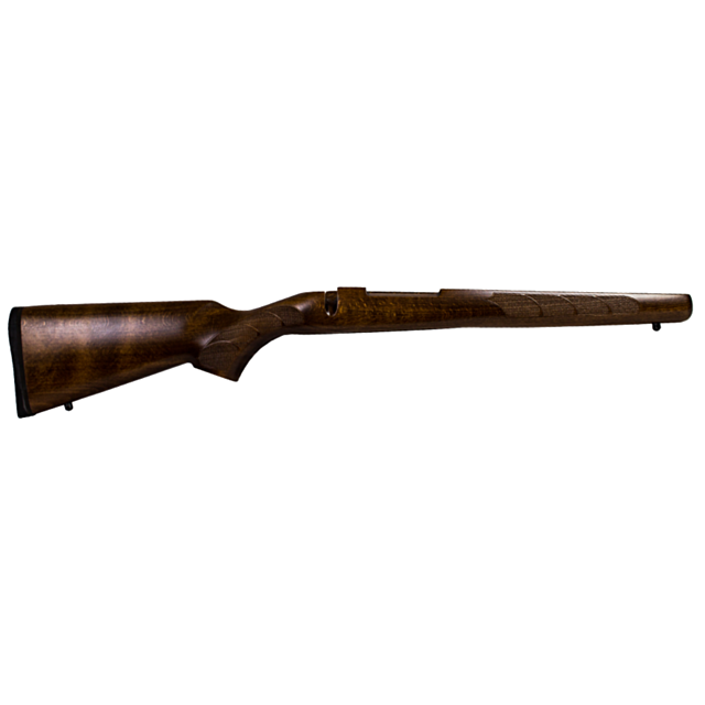The STOCK 557 SPORTER BEECH, made of beech wood, is displayed against a black background, highlighting its textured grip and smooth, polished finish.