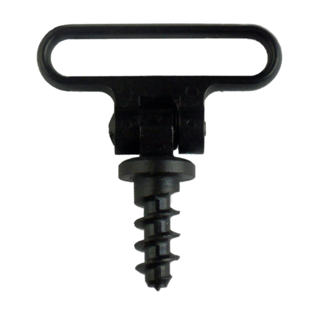 Close-up of the SLING SWIVEL EUROPEAN, featuring a black metal design with an oval-shaped loop on top and a screw-in threaded base. Its practical design is favored for securely attaching European-style rifle slings, while the plain white background elegan
