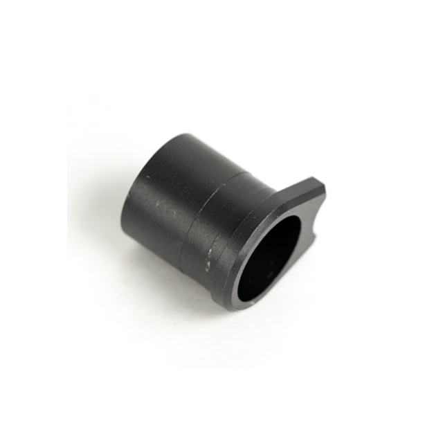 Close-up of the BARREL BUSHING FULLSIZE CARRY BEVEL BLUE, a small, black, cylindrical metal piece with a flat extension on one side. It is photographed on a plain white background, highlighting its simple, industrial design and smooth surface texture.