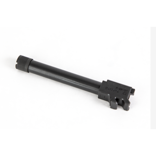 An isolated image of a black CZ P-10 F threaded barrel 9mm SR displayed on a white background. The barrel features engraved markings with some visible text and numbers. The lighting highlights the metallic texture and structure of the object.