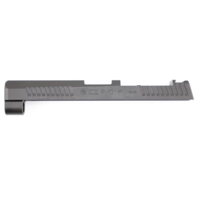 A black metal gun slide featuring grooves and engraved with "SLIDE P10 F 9MM OPTIC READY," set against a simple white backdrop.