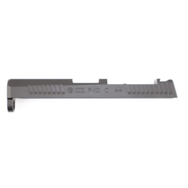 The image shows a matte black slide component with grooves along the top, marked with "CZ P-10 C" and "9x19" in the center to indicate the model and caliber. It matches the product description of the SLIDE P10 C 9MM OPTIC READY.
