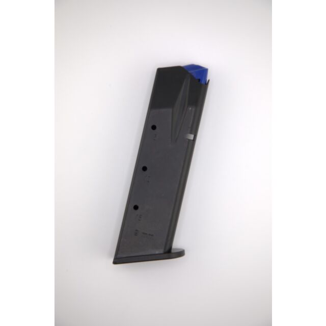 Close-up of the DWX Compact Magazine - 15rd 9mm in black against a white background. The top is visible and is blue, with markings along the side indicating bullet capacity.