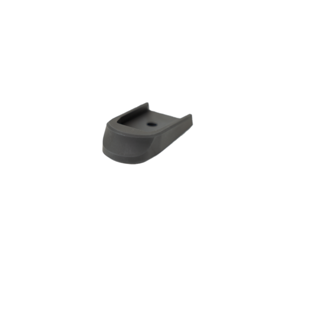 A black, rectangular extended aluminum magazine base for P10, featuring rounded edges, a slight incline, and a central circular hole—viewed on a white background. No added capacity.