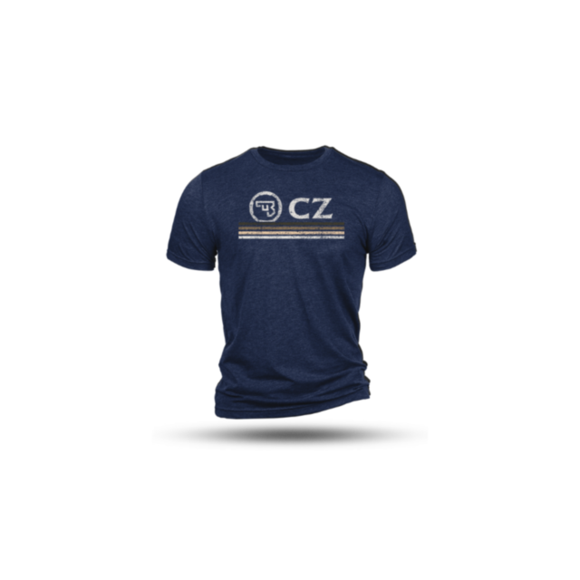 The CZ RETRO NAVY T-SHIRT SHORT SLEEVE L features a white and gray "CZ" logo, three distressed chest stripes, and short sleeves, shown on a plain white background.