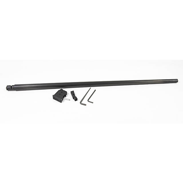 A sleek, black cylindrical rod akin to the CZ 457 AMERICAN BARREL SET, 22LR 24IN NITRIDE rests on a white background. Nearby are various small components: a rectangular piece, a small silver metal piece, and two L-shaped hex keys.