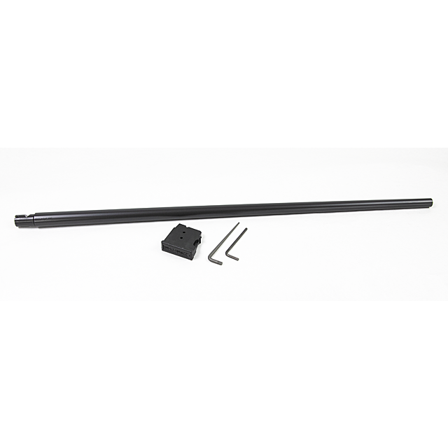 A lengthy, cylindrical black steel rod from the CZ 457 American Barrel Set in 22WMR with a nitride finish is positioned horizontally on a white surface. Alongside it are two hex keys and a small black rectangular component displaying "Shaw Barrels," ideal