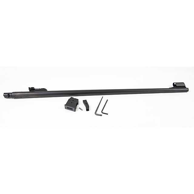 The CZ 457 LUX BARREL SET, 22LR 24IN NITRIDE, features a black rifle barrel on a white background. Accompanying it are two Allen keys, a small rectangular component, and a screw.