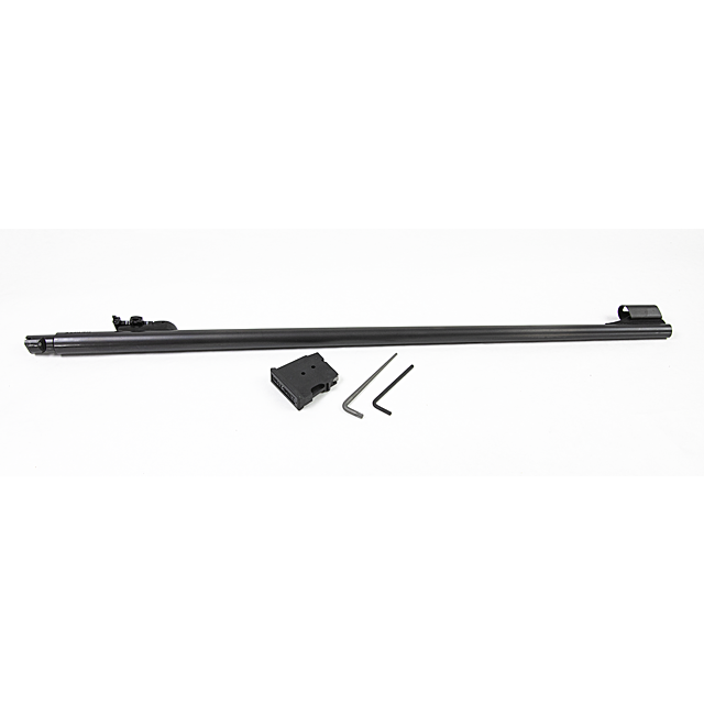 The CZ 457 LUX Barrel Set, featuring a 24-inch nitride-finished black rifle barrel, is presented on a white background along with two hex keys and a small black mounting block, designed to flawlessly integrate with the 17HMR configuration of the CZ 457.