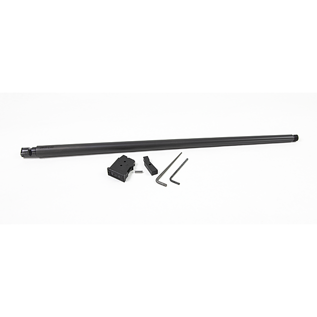 A sleek black rifle barrel and an assortment of accessories—including a magazine, two hex keys, and a small rectangular component—sit against a plain white backdrop. Notably featured is the CZ 457 American SR Barrel Set in 22LR with a 20-inch nitride fini