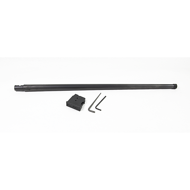 A sleek black metal tube, reminiscent of the design in the CZ 457 American SR Barrel Set, 17HMR with a 20-inch nitride finish, is laid horizontally on a white background. It's accompanied by a rectangular black object and two L-shaped hex keys.