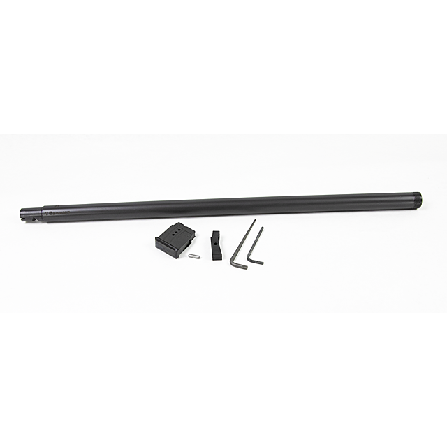 A black cylindrical tube, similar to the CZ 457 MTR SR Barrel Set, 22LR 20in Nitride, was placed horizontally alongside small mechanical components—including two hex keys, a rectangular block, and a small plate—on a white background.