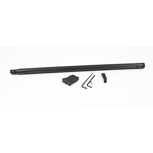 A CZ 457 LONG RANGE MTR SR BARREL SET, 22LR 20IN NITRIDE is positioned above a set of small metal tools and black components, including two Allen wrenches and two rectangular parts, all on a white background.
