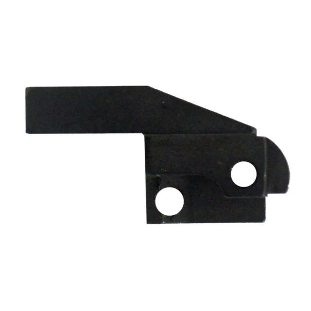 The EJECTOR CZ83 in black metal boasts a flat, angular shape with two circular holes. It features an elongated, rectangular top section and a bottom section that curves gracefully, reminiscent of components often found in CZ83 models.