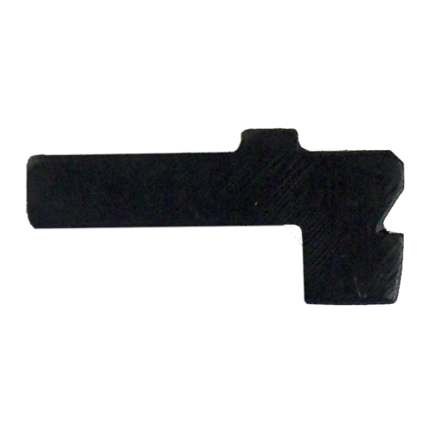 The SAFETY LATCH 83 features an L-shaped mechanical design, with a prominent long horizontal section and a shorter vertical part. Its dark, solid material stands out against a white background, enhancing the perception of security.
