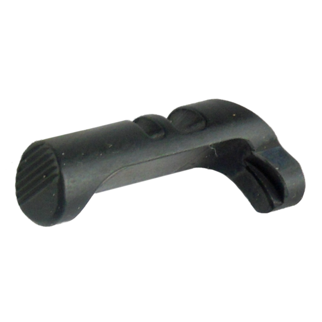 Image of a MAGAZINE CATCH 75B/85B, a black, L-shaped component with textured surfaces and a grooved end, designed for use in mechanical devices or tools.