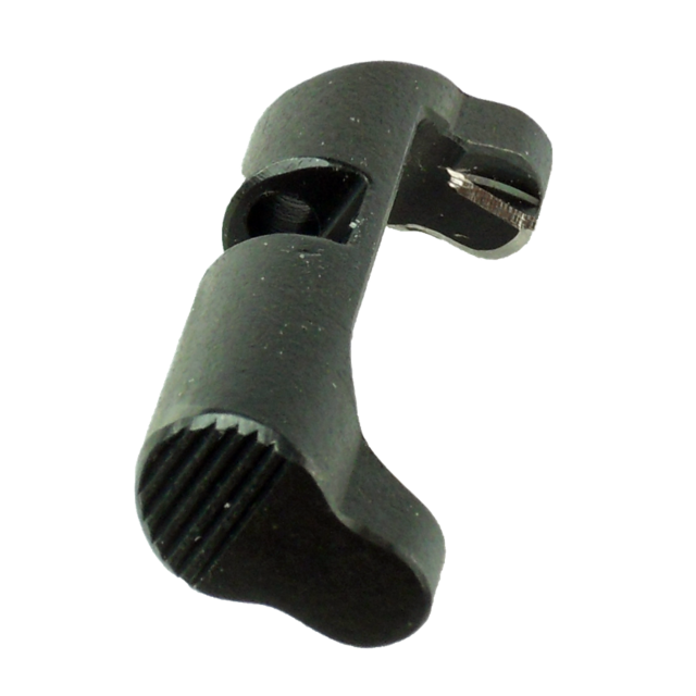 Close-up of a black, L-shaped plastic object with a ridged surface on one end and a small metallic screw on the other. It resembles the MAGAZINE CATCH FOR PHANTOM 75B AND P-01 OMEGA, possibly part of a custom mechanical system like a camera rig.