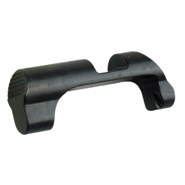 A smooth-finished, black curved metal piece featuring a ribbed end and a hooked edge on one side, likely serves as the MAGAZINE CATCH SP-01 SHADOW for mechanical or industrial applications.
