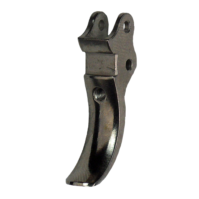 The TRIGGER SHADOW LINE from SHADOW LINE features a sleek, curved design with a convenient mounting hole at the top and precise threading in the middle. Its smooth, polished finish enhances both functionality and style.