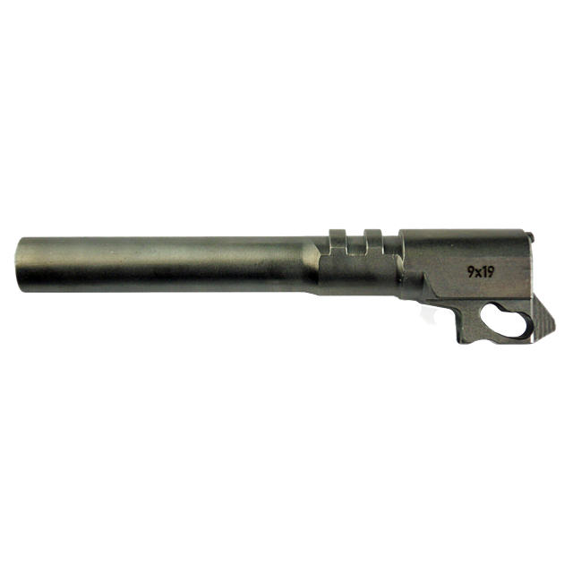 A cylindrical metal firearm accessory, marked "9x19" on one side and featuring a notched connector at the base, is essential for high-quality 9mm firearms. The BARREL 9MM 75/85 offers a smooth surface with a matte finish, embodying precision and performan