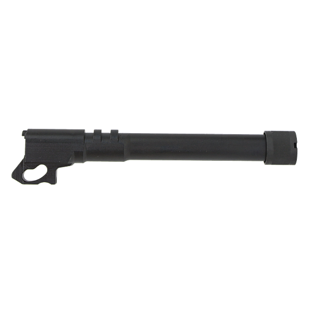 The THREADED BARREL 9MM 75 1/2X28, made of black metal with a threaded design, is isolated on a white background.