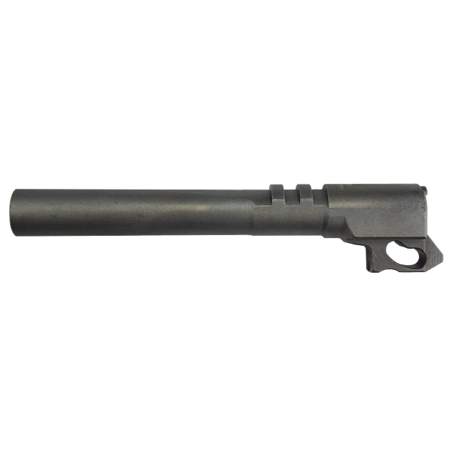 The EXTENDED BARREL FOR SP-01 9MM ONLY, in grey metallic finish, has a cylindrical design with a notched section near one end and is shown horizontally against a white background.