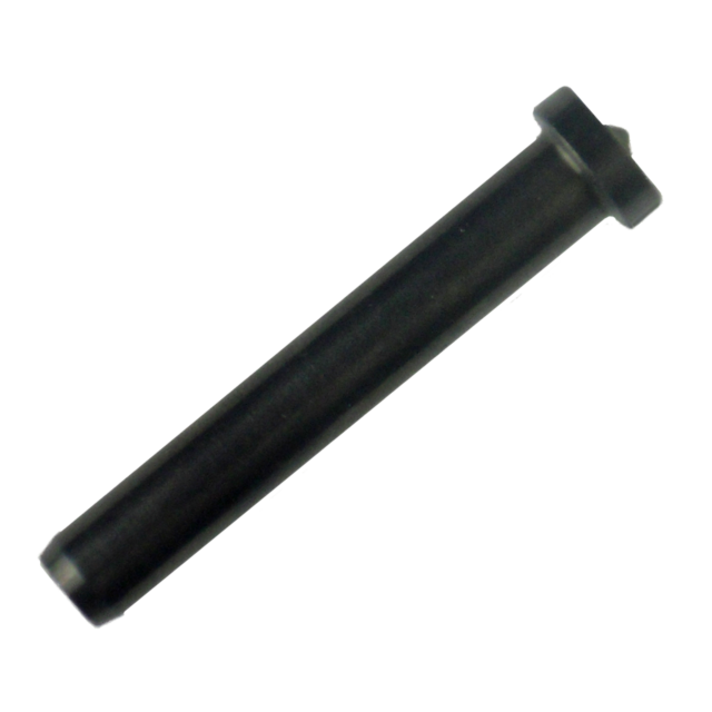 The RECOIL SPRING GUIDE STEEL 75 9MM is a black metal cylindrical pin with a flange on one end, designed for durability and used in 9mm applications, set against a white background.