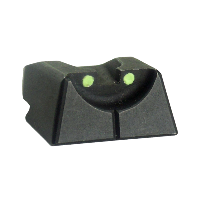 A close-up image of the REAR SIGHT PCR #4 .318 for a firearm, in black with two green dots for alignment. The sight has a rectangular shape with a curved top.