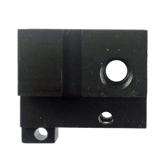 The FRONT INSERT SP-01 PHANTOM is a black, rectangular metal component with a slightly textured surface, showcasing two circular holes—one larger and one smaller—against a white background.