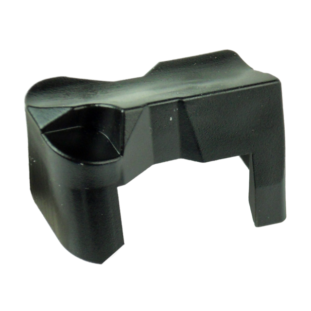 A black, angular object made of plastic, with a rounded scoop on one end and a flat base, reminiscent of the MAGAZINE FOLLOWER 9MM/40S&W, is set against a white background.