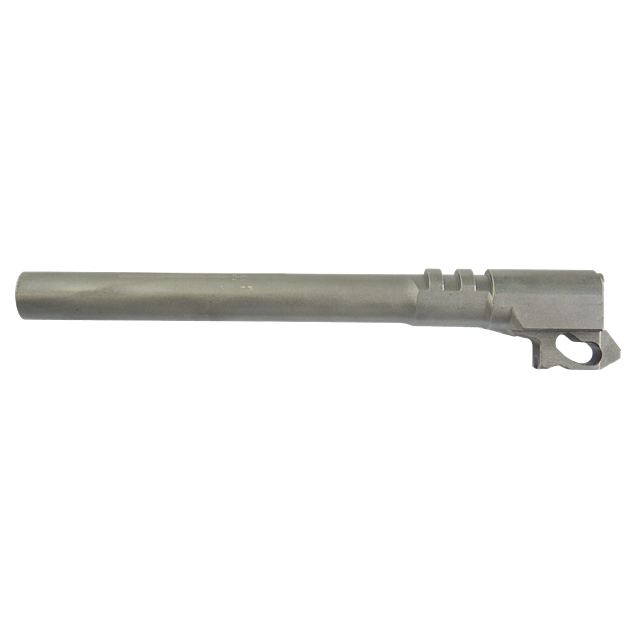 A metal cylinder matching the description of the BARREL 6" 9MM features a small bracket-like extension at one end. Its smooth, grayish surface makes it an intriguing addition to gun accessories.