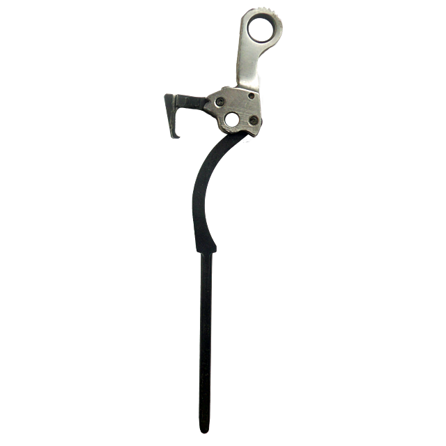The HAMMER COMPLETE 75 STAINLESS metallic hand ascender is designed for climbing, featuring a curved shape and safety latch mechanism. It is crafted from stainless steel, includes a textured handle, and has a gear system at the top for secure rope grippin