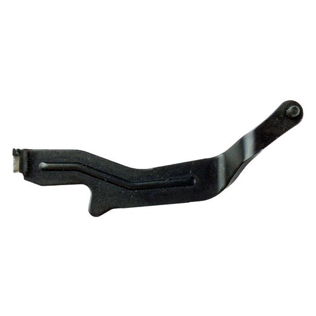 A TRIGGER BAR OMEGA, crafted from black metal with a curved design and an elongated tip, reminiscent of an automotive mechanical component, displayed against a white background.