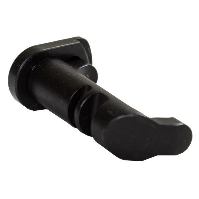 A black, cylindrical mechanical lever with grooves along its shaft, known as the Magazine Catch Shadow 2 and SP-01 Extended Black Button, stands out crisply against the white background.