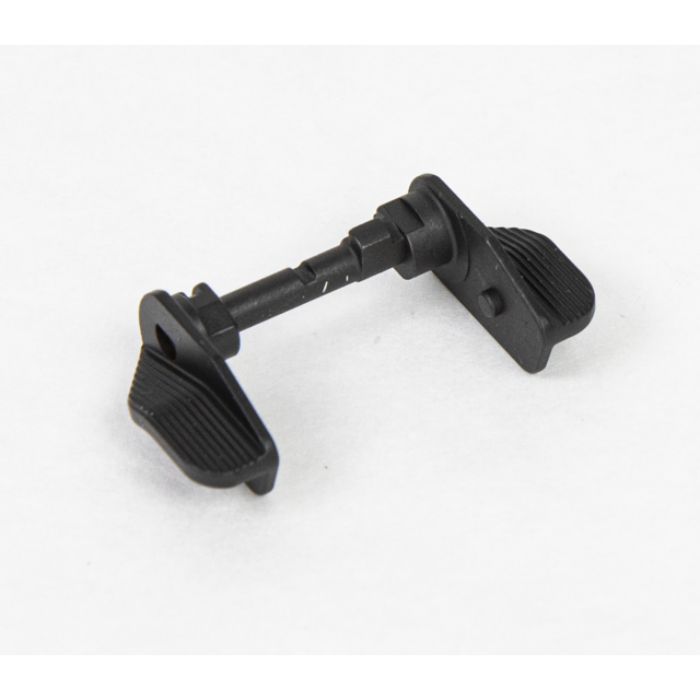 A black, dual-sided winged lever on a rod, reminiscent of an ambidextrous safety selector switch for a firearm, is set against a plain white background. This design emulates the Extended Left and Right feature of the SAFETY SET SHADOW 2 EXTENDED LEFT AND