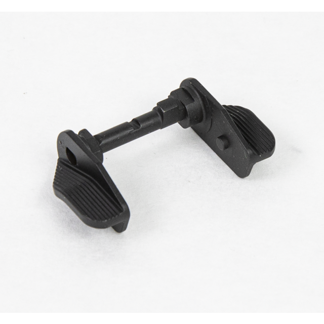 Close-up of the SAFETY SET SP-01 SHADOW EXTENDED LEFT AND EXTENDED RIGHT, featuring a black metal lever in the shape of a T with two textured paddles on each end, set against a white background.