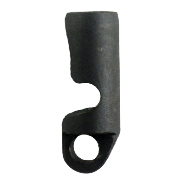 Displayed against a plain white background, the MAIN SPRING PLUG W/LANYARD PO1 is a black, cylindrical object with a curved, hollow design and a loop at one end resembling a lanyard attachment. Its sleek shape suggests functionality as either a main sprin