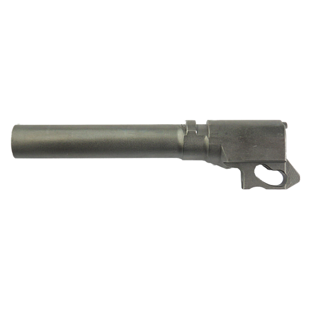 The 75 Style Compact BARREL 9mm is a compact handgun barrel crafted from metal, featuring a cylindrical shape with an attached lug on one side, and is displayed against a white background.