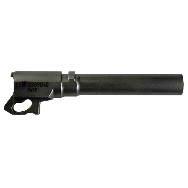 The EXTENDED BARREL COMPACT 9MM features a metallic gun barrel with distinct markings and a lug on the left side. This cylindrical design has a dark finish, complete with engravings that denote the model number and caliber. It combines sleek aesthetics wi