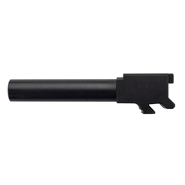 Image of the CZ P-10 C Barrel 9mm, displayed from the side on a plain white background. The smooth, cylindrical shape features a rectangular section at one end with distinct cutouts and grooves.